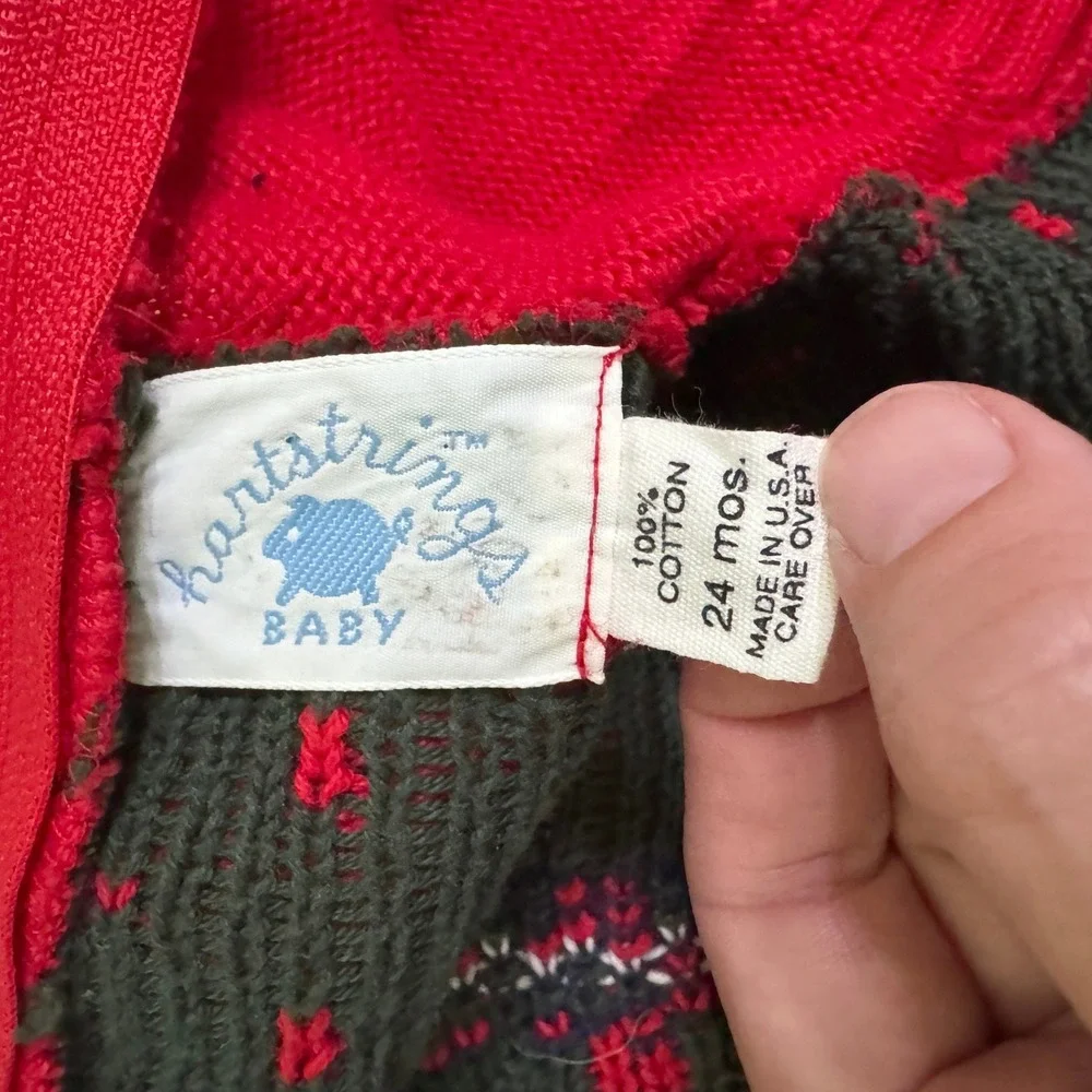 Vintage Hartstrings Sweater 24 Mos Red Fair Isle Nordic Hooded Zip Back Cotton